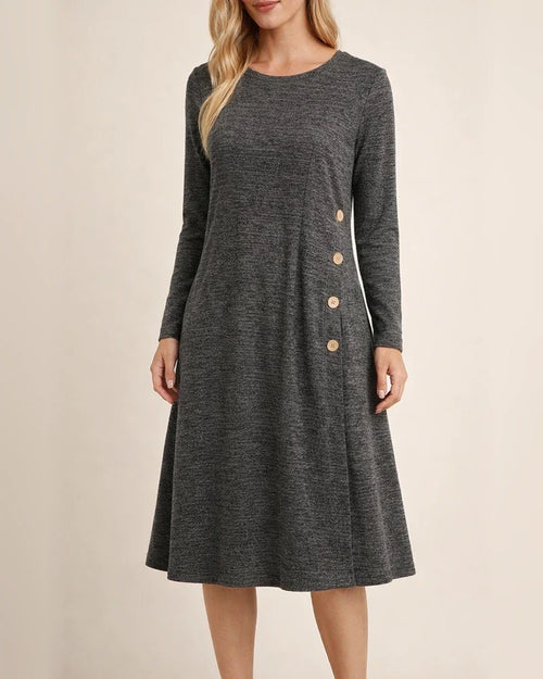 Casual Loose Solid Color Pullover Round Neck Button Embellished Long Sleeve Women's Dresses Women's Midi Dresses | JRSEE:8b355cd2-69e9-4ba4-95e9-cf6f17ebc81a