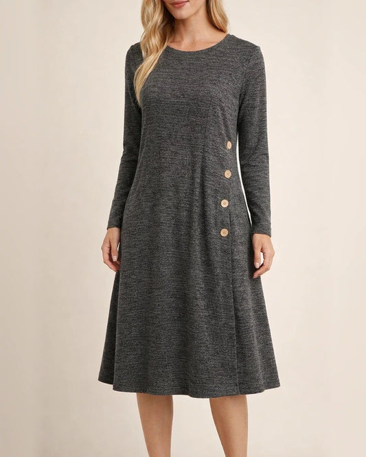Casual Loose Solid Color Pullover Round Neck Button Embellished Long Sleeve Women's Dresses Women's Midi Dresses | JRSEE:8b355cd2-69e9-4ba4-95e9-cf6f17ebc81a