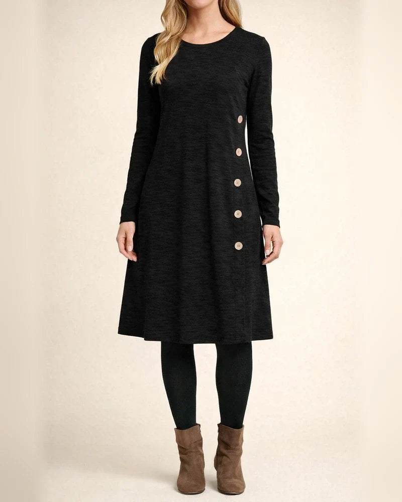 Casual Loose Solid Color Pullover Round Neck Button Embellished Long Sleeve Women's Dresses Women's Midi Dresses | JRSEE:c502012c-bc6e-4369-8689-4855ba77088f