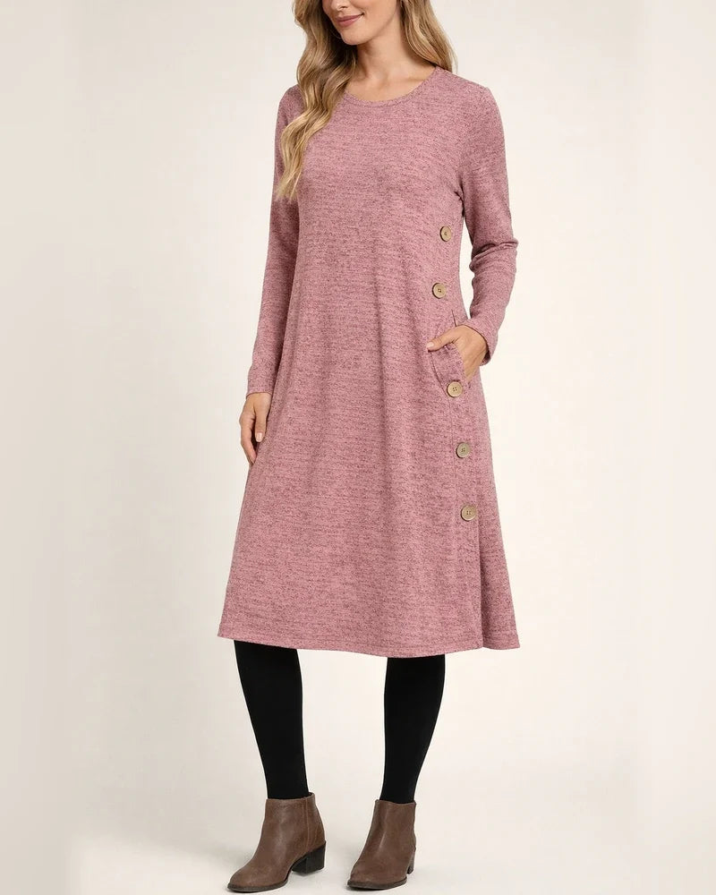 Casual Loose Solid Color Pullover Round Neck Button Embellished Long Sleeve Women's Dresses Women's Midi Dresses | JRSEE:7207a169-c986-4a62-9c5b-6a2f8a52751f