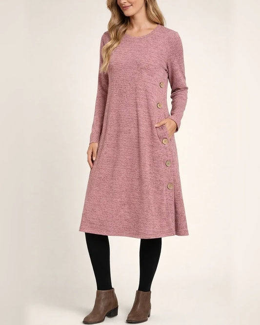 Casual Loose Solid Color Pullover Round Neck Button Embellished Long Sleeve Women's Dresses Women's Midi Dresses | JRSEE:7207a169-c986-4a62-9c5b-6a2f8a52751f