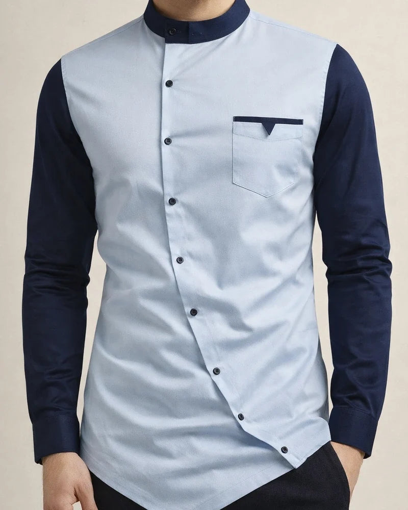 Casual Men's Slim Colorblocking Shirt Youth Personality Irregular Color Collision Henry Collar Shirt Men's Cardigan | JRSEE:f603afcf-c609-4eb3-a236-9ea4f23b26b2