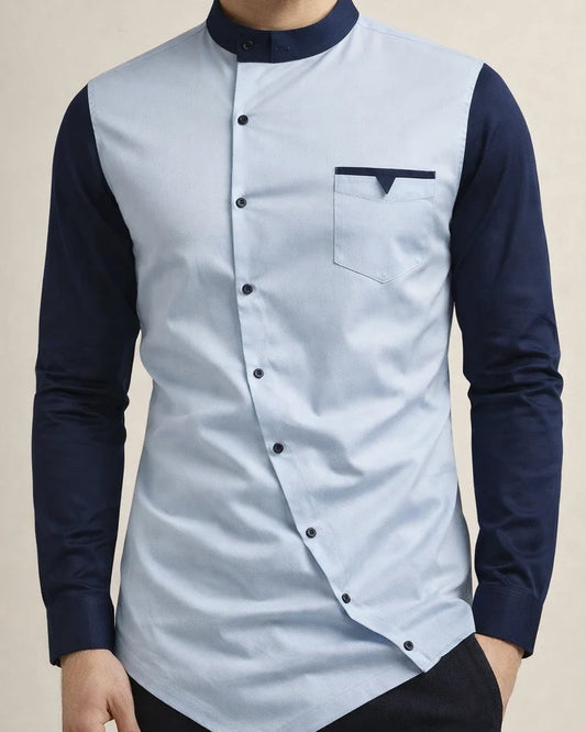 Casual Men's Slim Colorblocking Shirt Youth Personality Irregular Color Collision Henry Collar Shirt Men's Cardigan | JRSEE:f603afcf-c609-4eb3-a236-9ea4f23b26b2