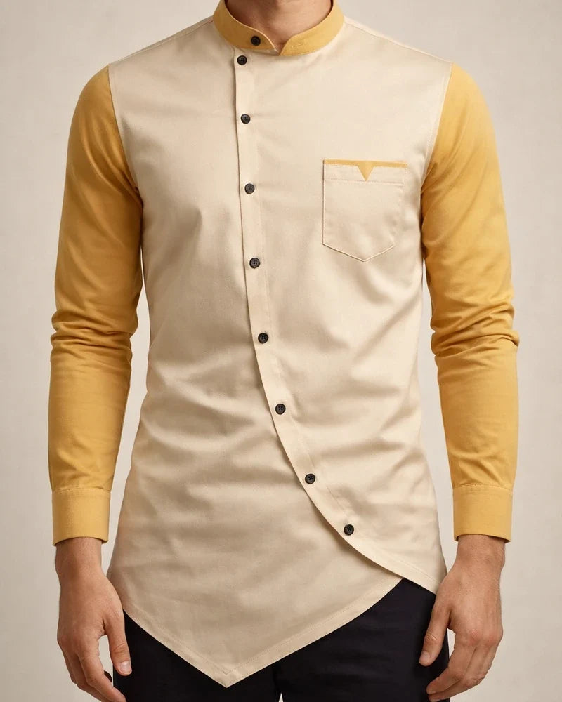 Casual Men's Slim Colorblocking Shirt Youth Personality Irregular Color Collision Henry Collar Shirt Men's Cardigan | JRSEE:94795783-f4fb-42a4-9132-5b4634672e73