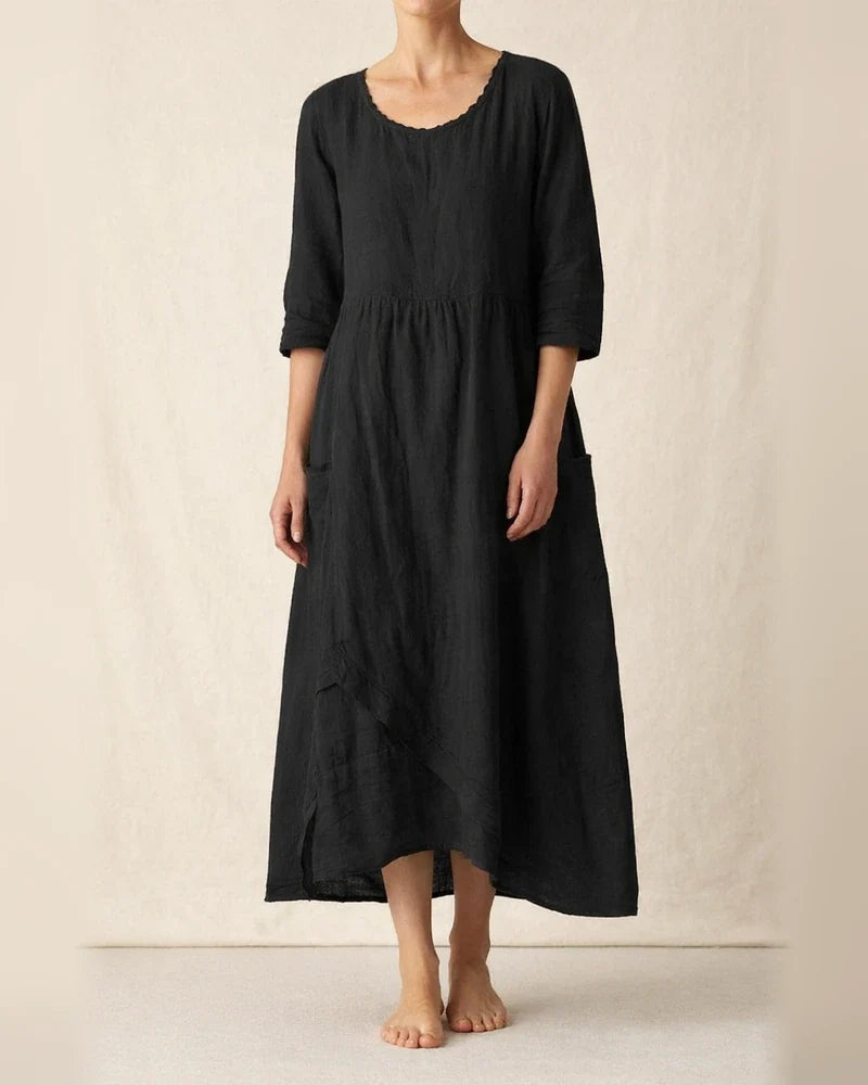 Casual Round Neck Linen Solid Color Long Dress | JRSEE:6696144e-36ff-4986-a0f8-862f2510288a