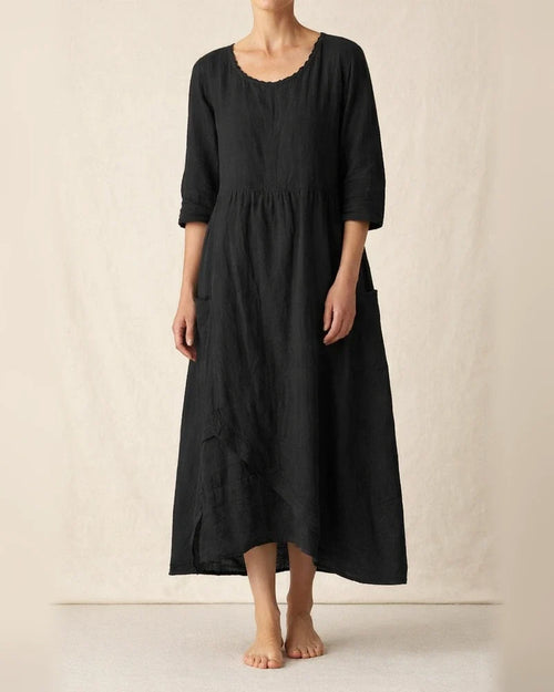 Casual Round Neck Linen Solid Color Long Dress | JRSEE:6696144e-36ff-4986-a0f8-862f2510288a