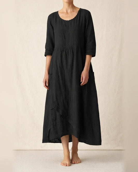 Casual Round Neck Linen Solid Color Long Dress | JRSEE:6696144e-36ff-4986-a0f8-862f2510288a