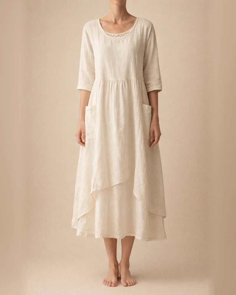 Casual Round Neck Linen Solid Color Long Dress | JRSEE:82ddd55f-6d5b-4b60-a7fc-8d1d76ebddc1