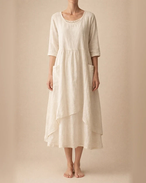 Casual Round Neck Linen Solid Color Long Dress | JRSEE:82ddd55f-6d5b-4b60-a7fc-8d1d76ebddc1