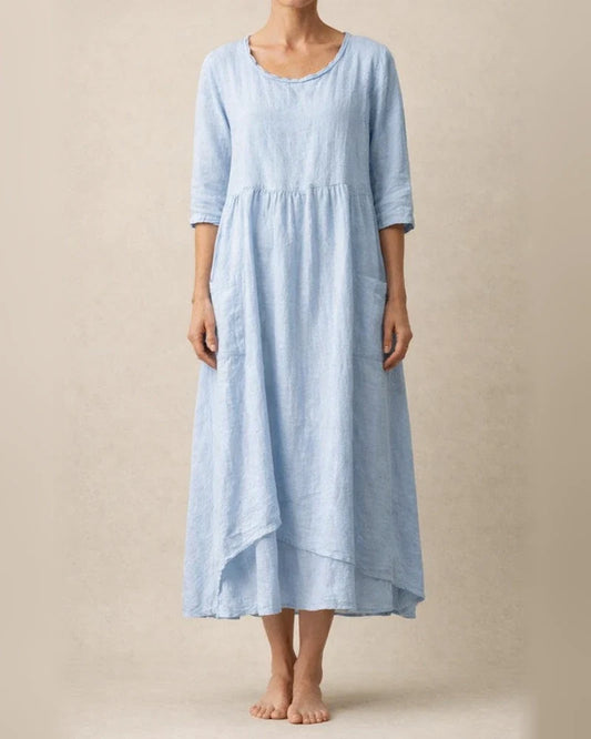 Casual Round Neck Linen Solid Color Long Dress | JRSEE:afcff9cd-f522-4405-813a-39a3d06361ab