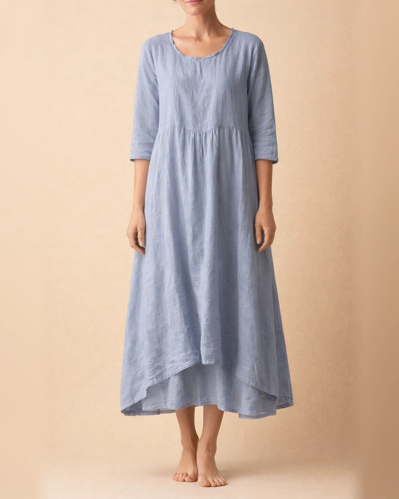 Casual Round Neck Linen Solid Color Long Dress | JRSEE:7e415fb5-21a7-4e64-ac96-904b61afb795
