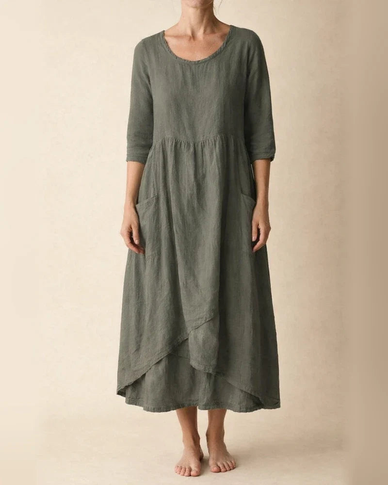 Casual Round Neck Linen Solid Color Long Dress | JRSEE:b543bfef-c274-4a10-ac72-8398eb34e86a