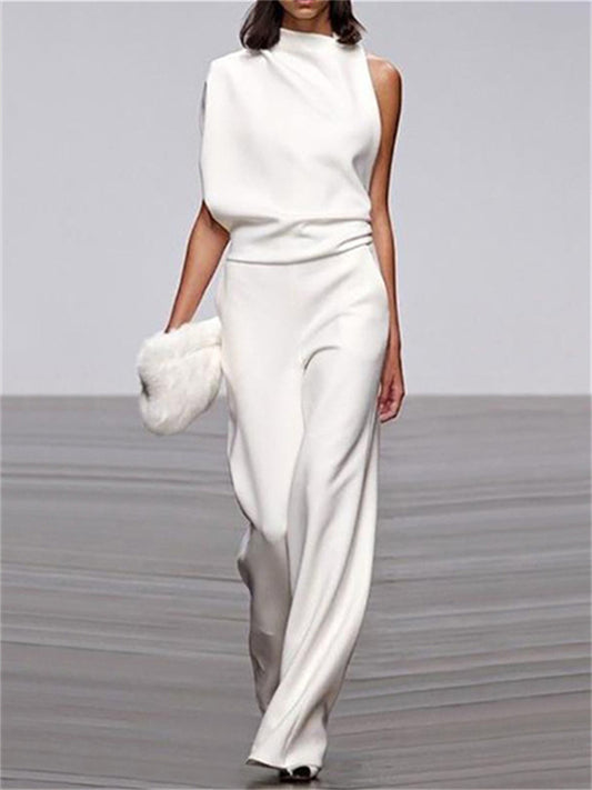 Women's Commuting Asymmetry Sleeve Pure Colour Jumpsuit White Black Red