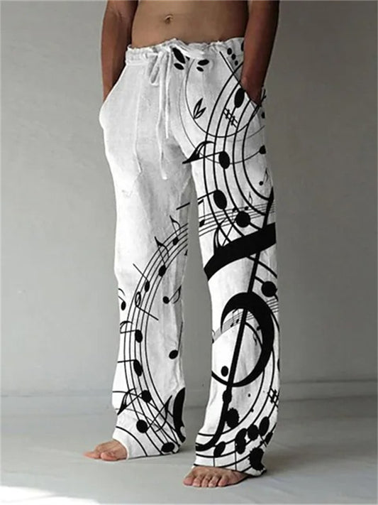 Men's Trousers Summer Pants Baggy Beach Pants Elastic Drawstring Design Front Pocket Straight Leg Graphic Prints Musical Instrument Comfort Soft Casual Daily Fashion Streetwear White Green