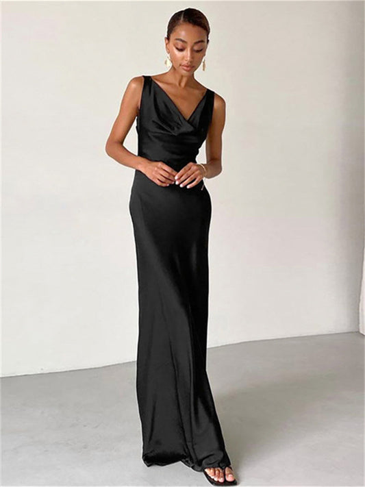 Ice Silk Imitation Silk Swinging Collar Sexy Backless Dress