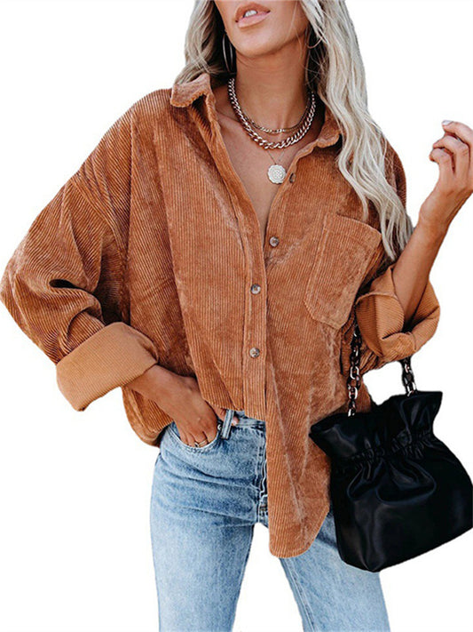 Autumn and Winter Women's Loose Casual Corduroy Solid Color Shirt