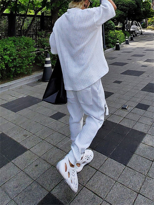 Casual Solid Color Thin Section Sweater Suit Men's Loose Sports Short-sleeved T-shirt Pants Men's Woolen Knit Suit for Men