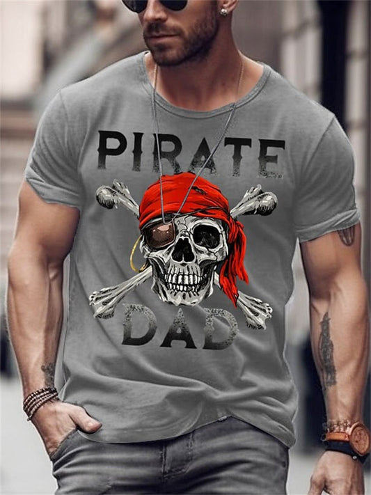 Summer Men's Retro Vintage T-shirt with Letter Skull Round Neck Short-sleeve T-shirt