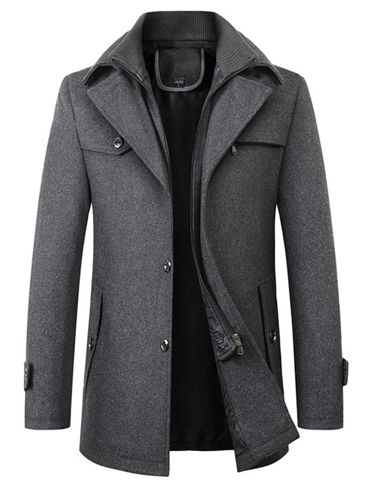 Men's Winter Coat Wool Coat Overcoat Business Camping & Hiking Winter Wool Windproof Warm Outerwear Clothing Apparel Basic Essential Solid Colored Turndown