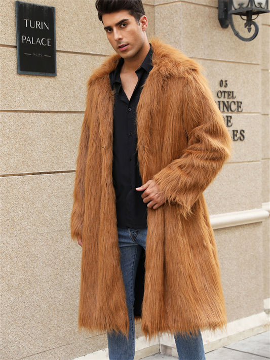 New Fall/Winter Men's Square Collar Faux Fur Long Fashion Coat