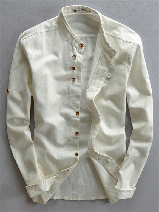 Men's Four Seasons Casual Linen Slim Long-sleeved Shirt Stand-up Collar Cotton Linen Solid Color Shirt Cardigan