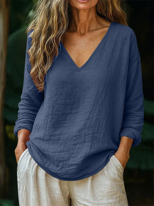 New Summer Women’s Casual Loose-Fit Fashionable Cotton-Linen Long-Sleeve V-Neck Top