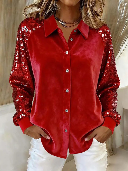 Women's Sequined Sleeve Patchwork Long Sleeve Velvet Oversized Velvet Shirt Top