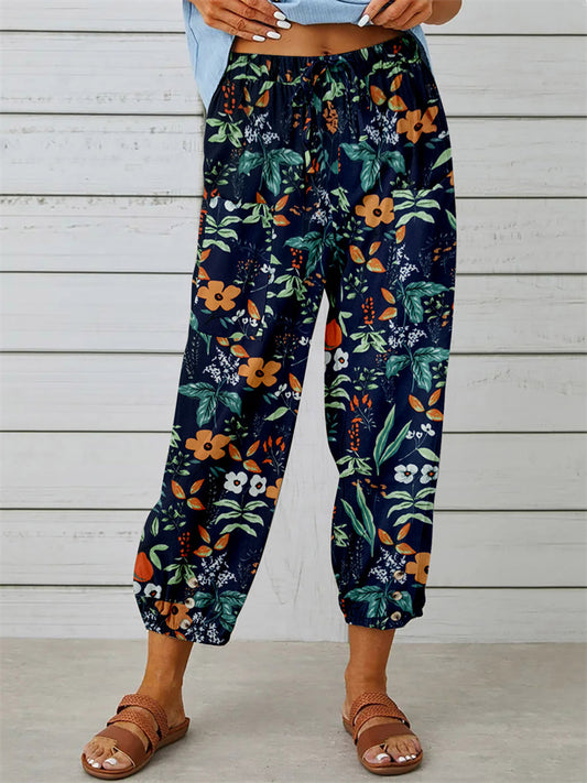 New Cotton and Linen Women's Pants Nine-minute Pants Elastic Waist Drawstring Feet Vintage Printed Pants