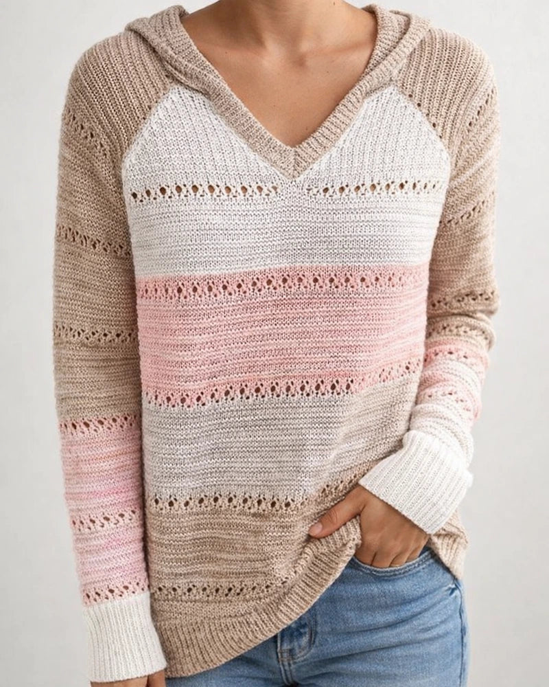 Colorblocking Pullover Loose Hooded Women's Knit Crochet Hollow Long Sleeve Sweater S-5XL | JRSEE:c395804a-dd30-4a42-b08e-25f294b4b168