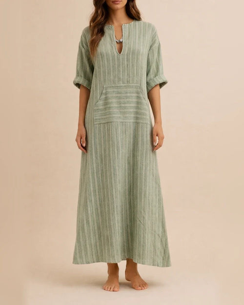 Cotton Linen Yarn Dyed Stripe Loose Long Dress | JRSEE:22cede7e-4291-4e8f-a126-4cfe727b2223
