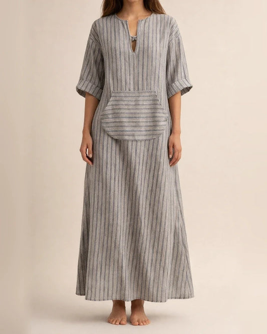 Cotton Linen Yarn Dyed Stripe Loose Long Dress | JRSEE:13bcda24-1075-4e0f-8cb4-2bc05769acd7