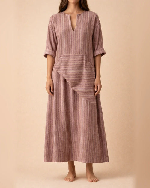 Cotton Linen Yarn Dyed Stripe Loose Long Dress | JRSEE:a36bfef9-66d9-4994-9b50-e395bf6e5959