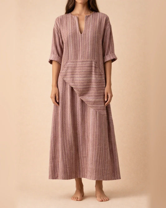 Cotton Linen Yarn Dyed Stripe Loose Long Dress | JRSEE:a36bfef9-66d9-4994-9b50-e395bf6e5959