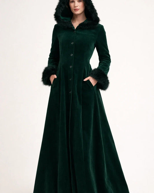 Cross-border foreign trade Europe and the United States retro fur collar hooded single-breasted solid color waist-trimming body big swing windbreaker coat coat female | JRSEE:f5f43bd7-4cc7-46ce-8850-4aa9e55a4580