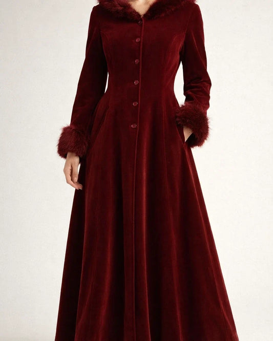 Cross-border foreign trade Europe and the United States retro fur collar hooded single-breasted solid color waist-trimming body big swing windbreaker coat coat female | JRSEE:92cca41b-ce36-45cc-89c3-f89e03e1d691
