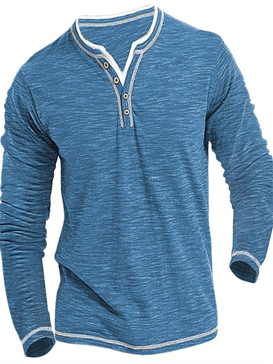 New Men's Casual Autumn/Winter Long-Sleeve Henley T-Shirt with Small V-Neck in Colorful Cotton