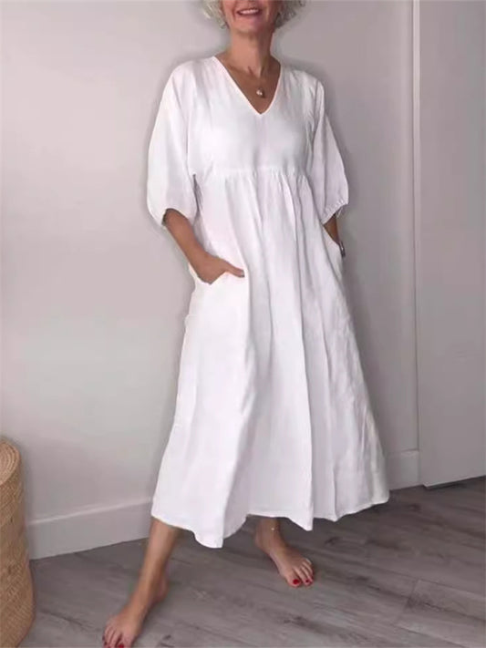 Women's Summer Cotton-Linen Solid-Color Casual V-Neck 3/4-Sleeve Dress