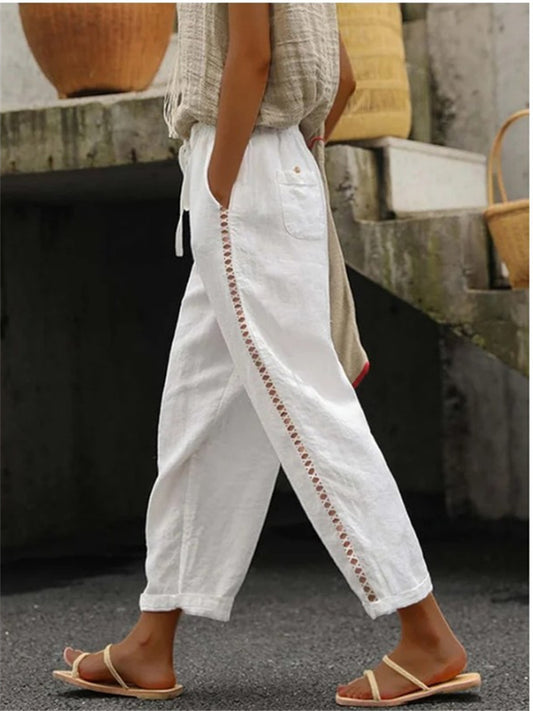 Female Summer New Casual Lace Hollow Splicing Cotton Nine-minute Pants
