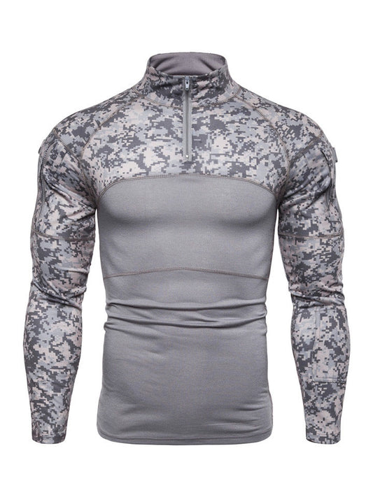 Men's Sports Pullover Printed Military Battlefield Outdoor Stretch Fitness Camouflage Long Sleeve T-Shirt Men's Zipper Pocket