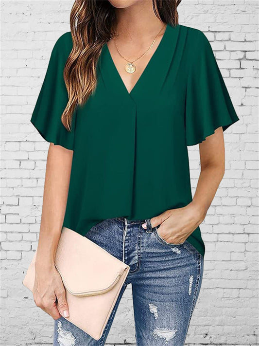 Women's Blouse Chiffon Solid / Plain Color Basic V Neck Flare Cuff Sleeve Summer Light Blue Black White Pink Navy Blue