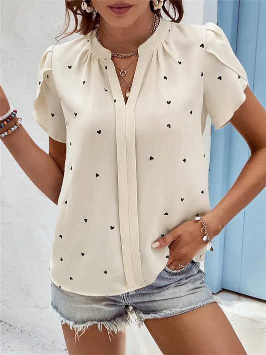 Women's Summer V-neck Heart-Patterned Petal-Sleeve Printed Shirt
