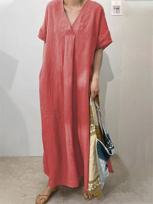 Summer New Women's Casual Short-sleeved V-neck Solid Color Cotton Dresses