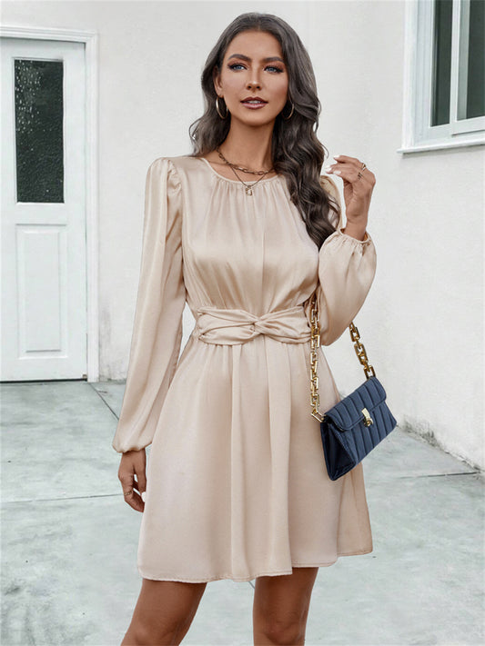 Fall and Winter New Fresh Sweet Women's Hot Round Neck Shrink Pleated Long-sleeved Dresses