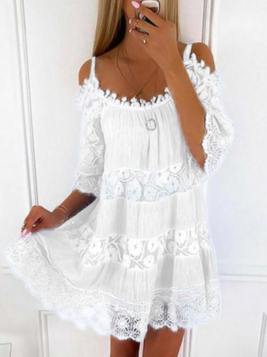 Lace Patchwork Suspender Flower Girdle Casual Solid Loose Dress White Dresses