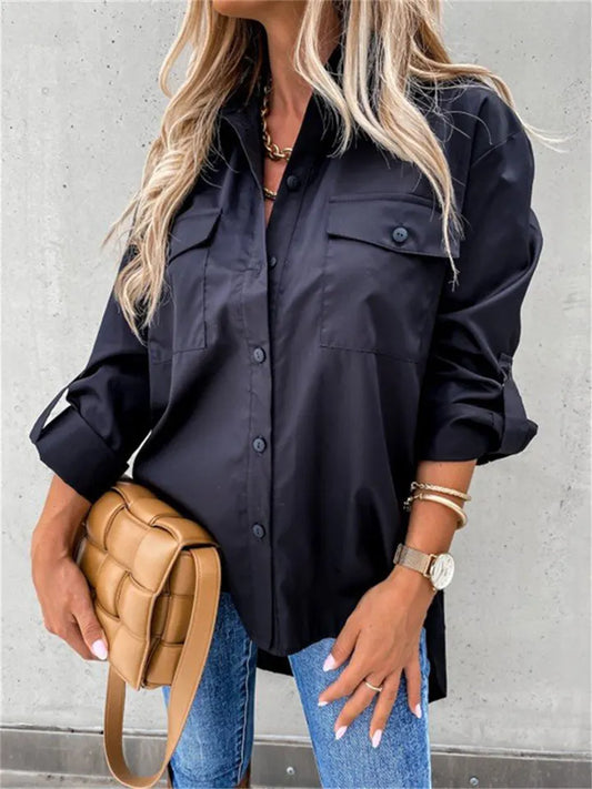 Hot Sale Autumn and Winter Solid Color Irregular Loose Long Sleeve Lapel Commuter Fashion Shirt Top