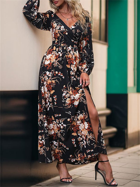 New Arrival Fall Women's Long Sleeve V-Neck Printed Dress A-line Skirt