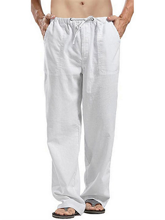 Men's Linen Pants Trousers Summer Pants Beach Pants Pocket Drawstring Elastic Waistband Plain Comfort Breathable Full Length Daily Streetwear Linen / Cotton Blend Fashion Casual / Sporty Loose Fit