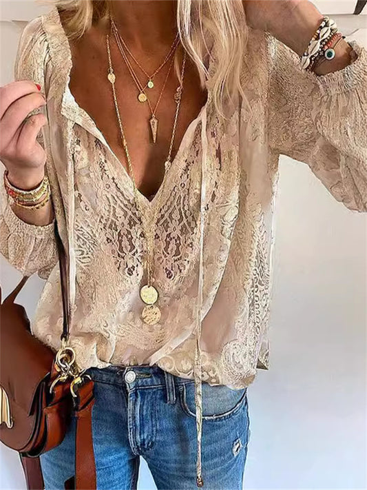 Women's Printed Lace Solid Color Lace Long-sleeved V-neck Shirt