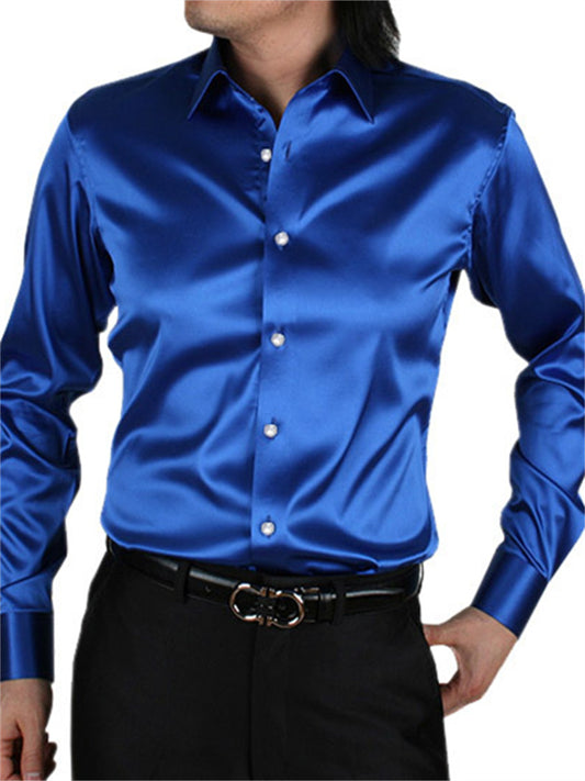 Men's Button Up Shirt Dress Shirt Collared Shirt Prom Shirt Satin Silk Shirt Black White Red Long Sleeve Plain Turndown Spring, Fall, Winter, Summer Wedding Party Clothing Apparel Button-Down
