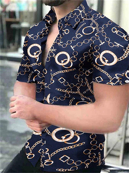 Summer Men's Polyester Casual Printing Short-sleeved Shirt Collar Cardigan Shirt